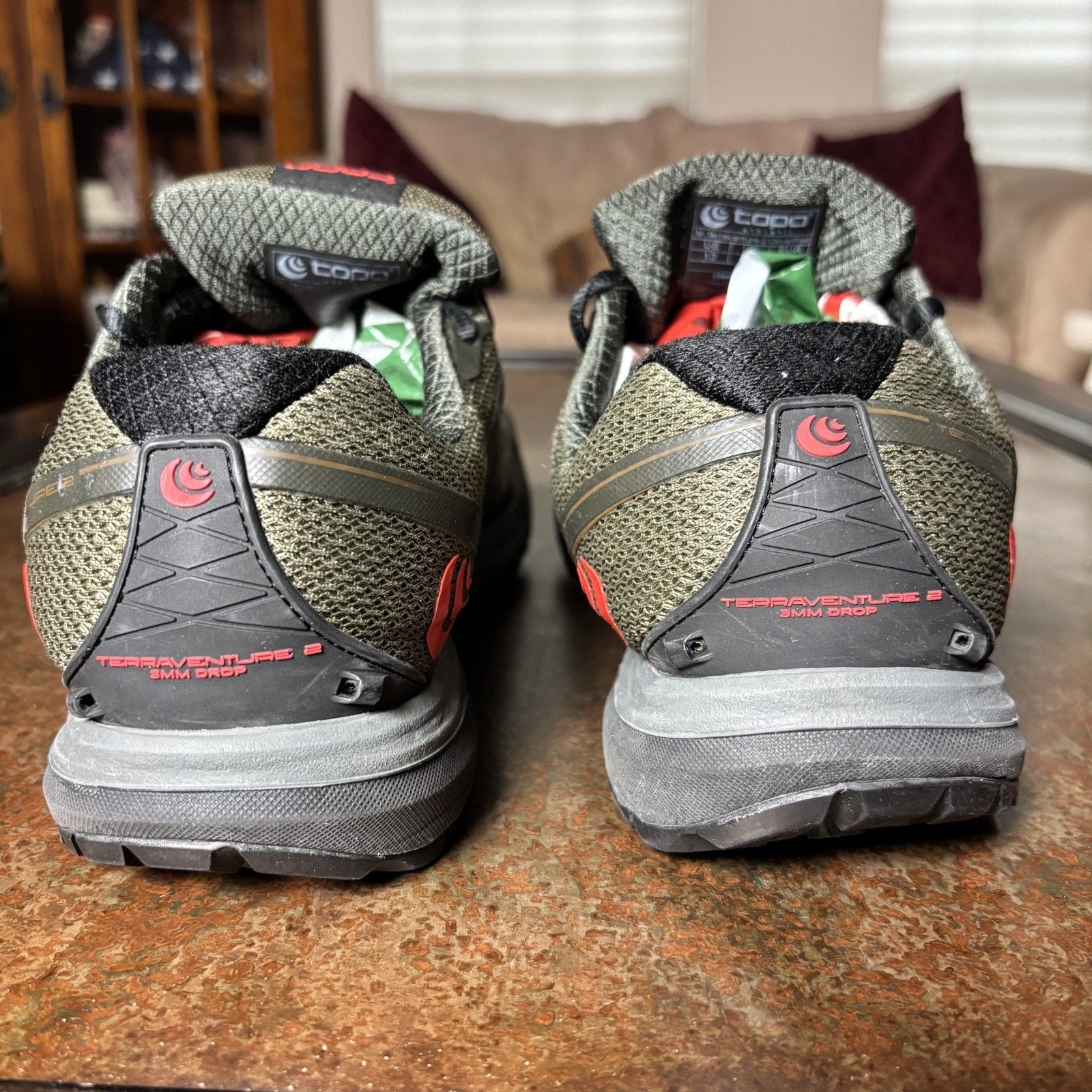 Topo Athletic Terraventure 2 Mens 12 Olive Green Red Trail Running Shoes Sneaker