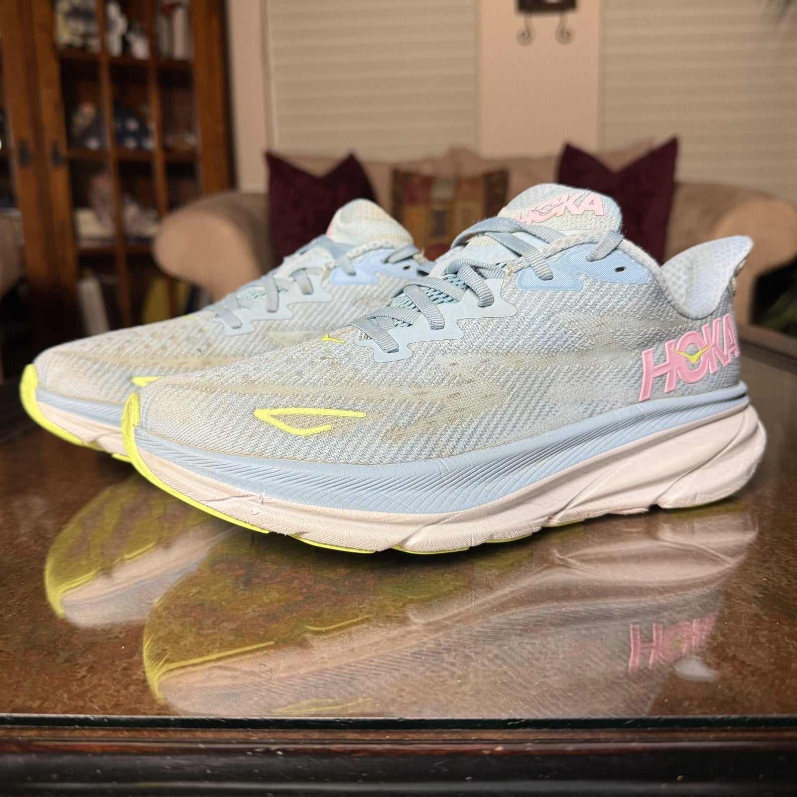 Hoka One One Clifton 9 Shoes Women's 9.5 Blue Pink Road Running Athletic Sneaker