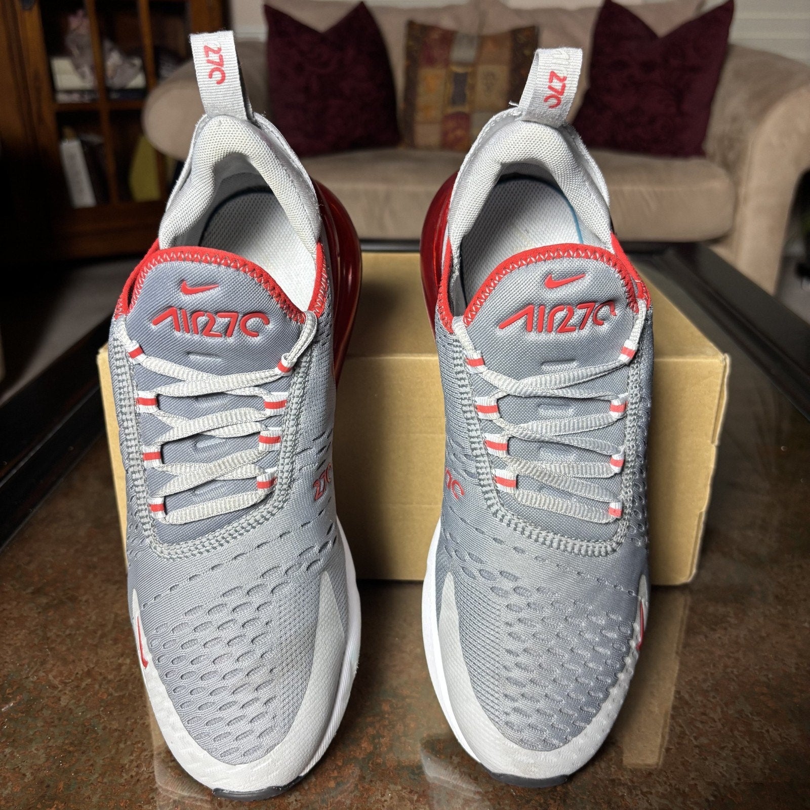 Nike Air Max 270 Shoes Mens 8.5 Grey Red Athletic Lifestyle Gym Running Sneakers
