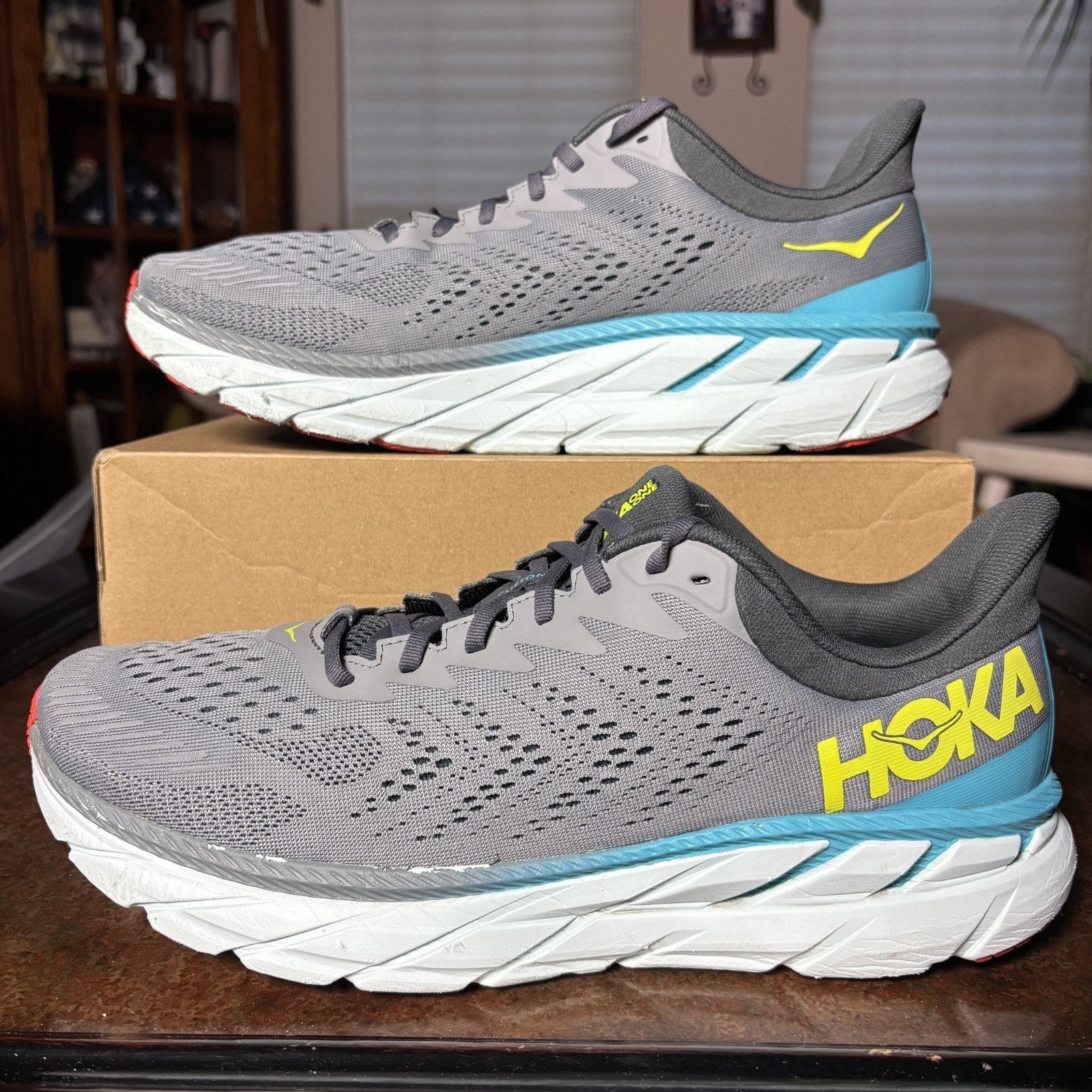 Hoka One One Clifton 7 Shoes Mens Size 14 Grey Road Running Athletic Gym Sneaker