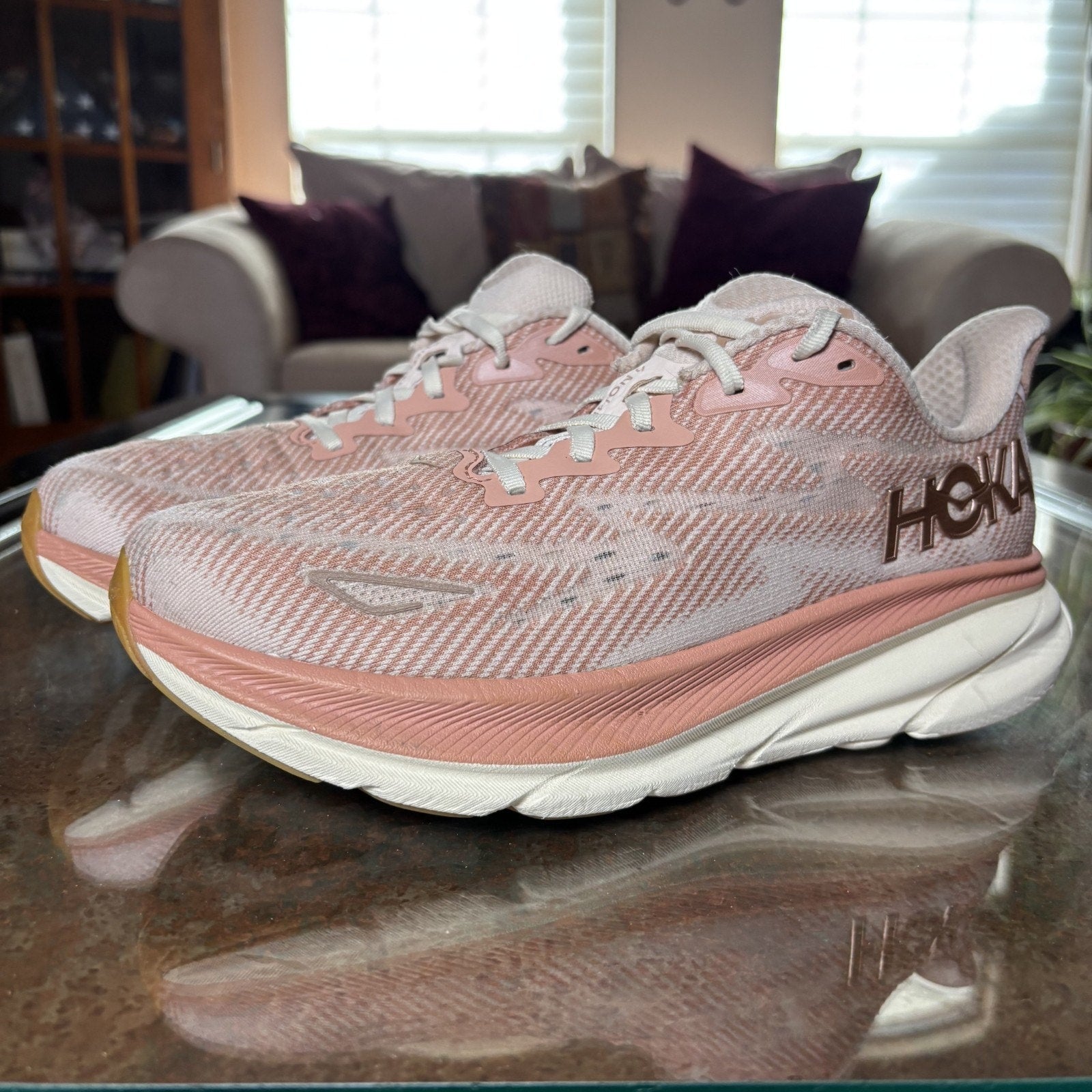 Hoka One One Clifton 9 Shoes Womens Size 9.5 Pink Road Running Athletic Sneakers