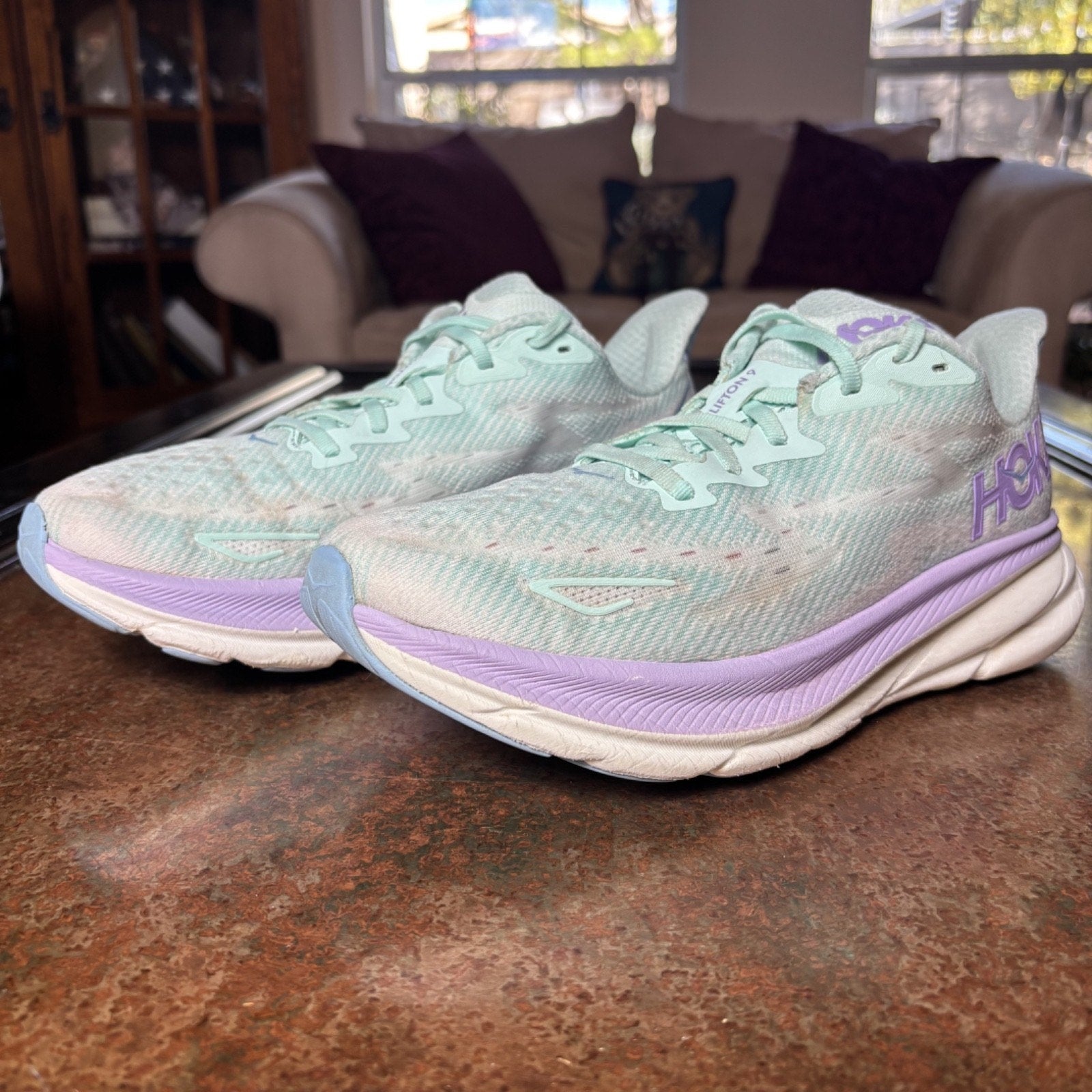 Hoka One One Clifton 9 Shoes Women's Size 9 Green Purple Road Running Athletic