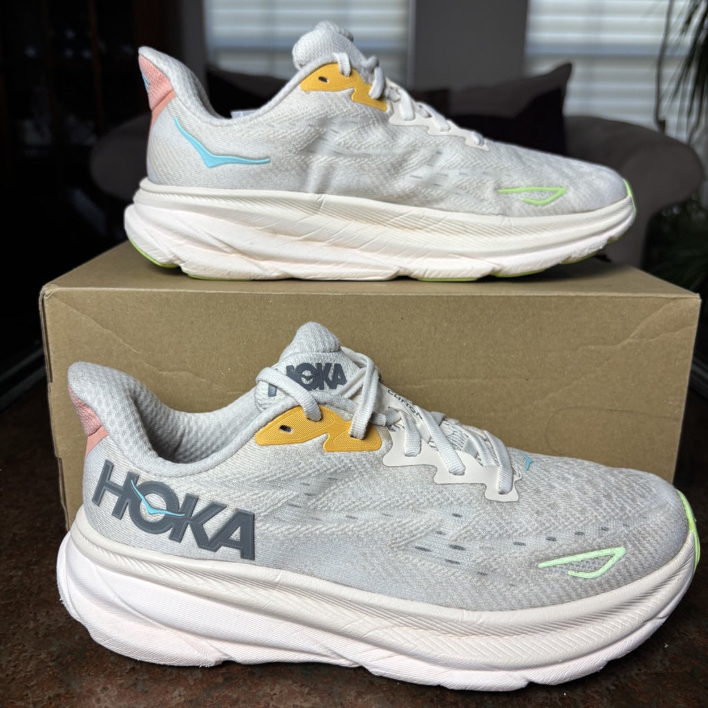 Hoka One One Clifton 9 Shoes Womens Size 8.5 Beige Running Athletic Gym Sneakers