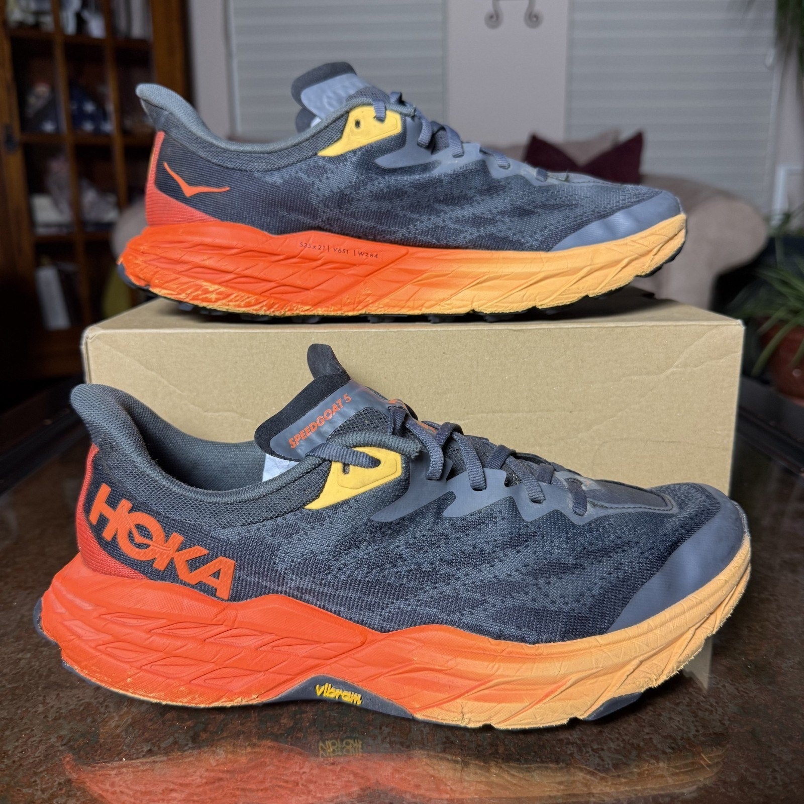 Hoka One One Speedgoat 5 Shoes Mens 10 2E Wide Grey Orange Trail Running Sneaker