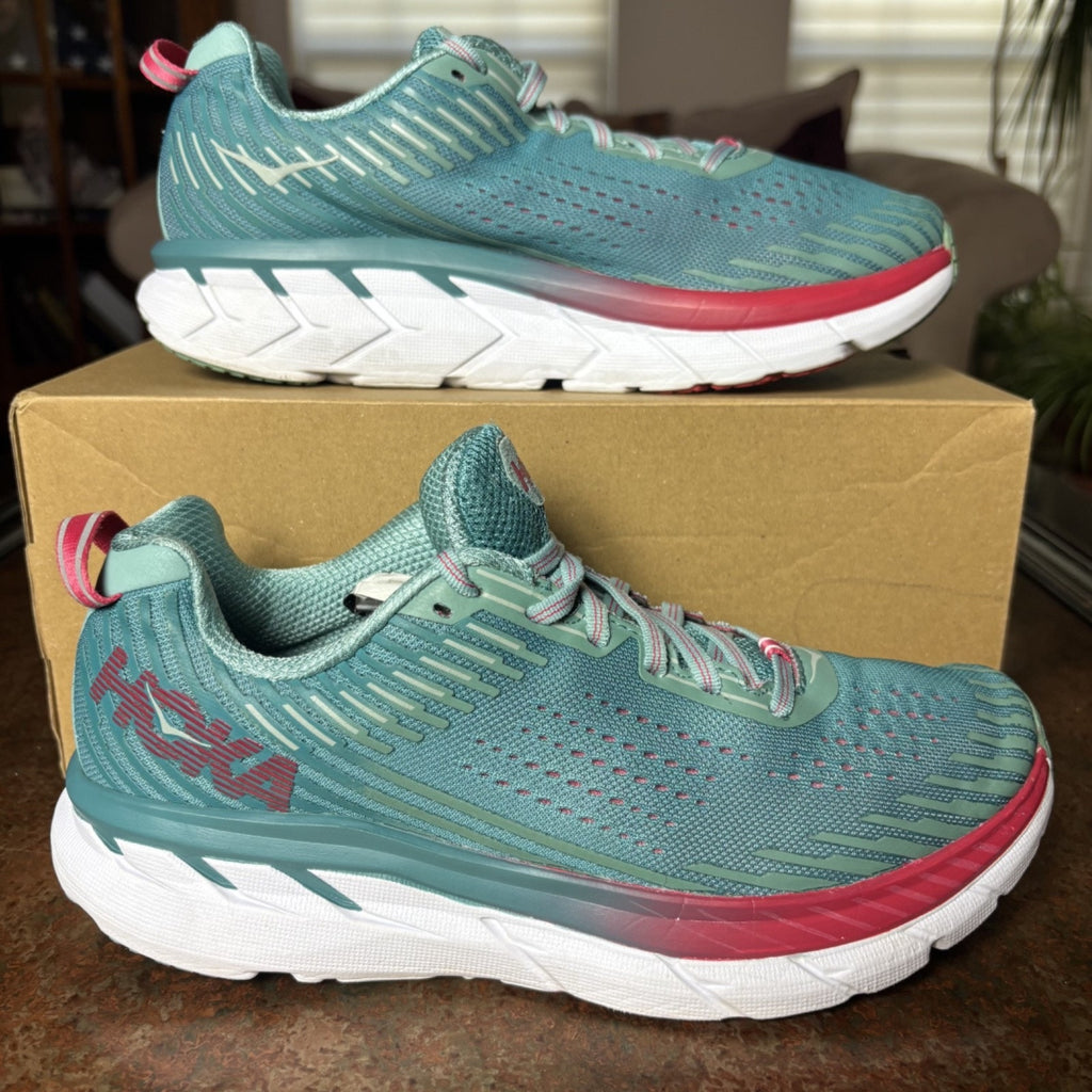 Hoka One One Clifton 5 Shoes Womens 9.5 Green Road Running Athletic Gym Sneakers