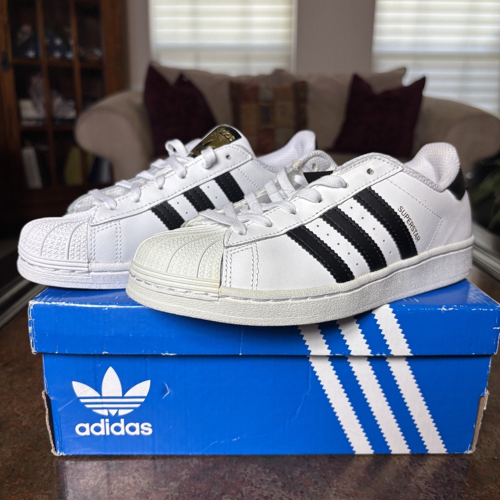 Adidas Originals Superstar Shoes Kids Size 3 White Black Leather Sneakers NEW