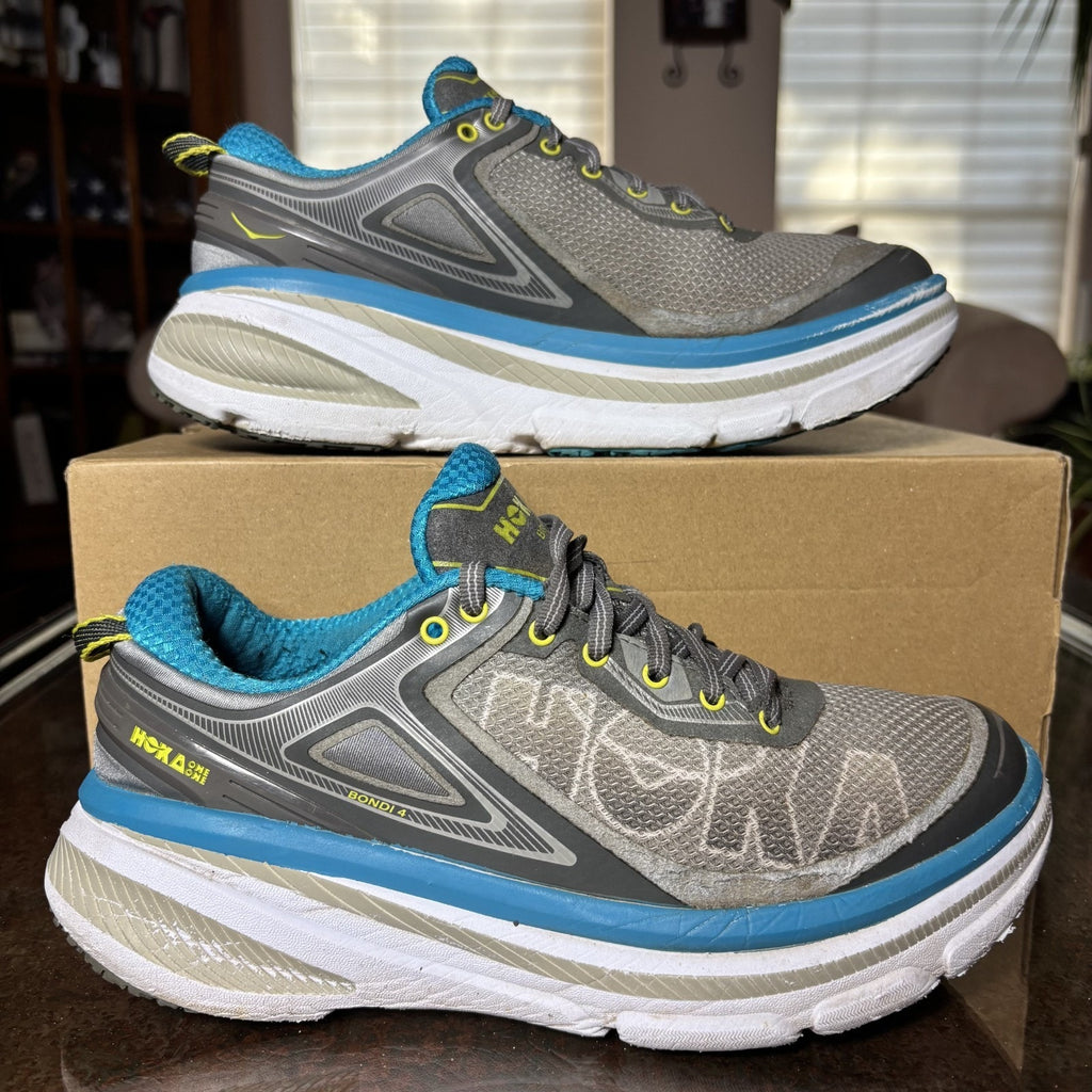 Hoka One One Bondi 4 Shoes Womens 8 Grey Blue Road Running Athletic Gym Sneakers