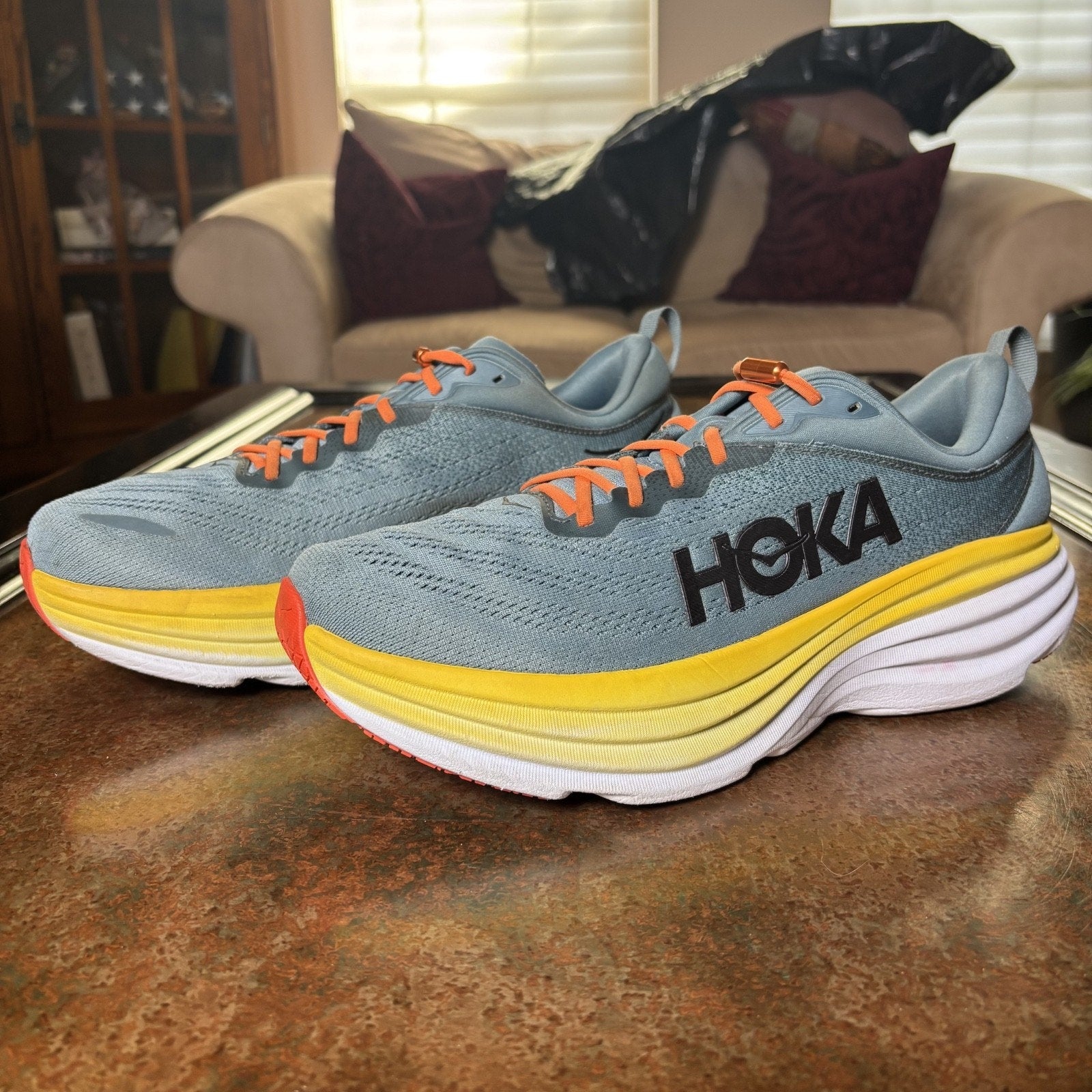Hoka One One Bondi 8 Shoes Mens Size 11 Blue Yellow Road Running Comfort Sneaker