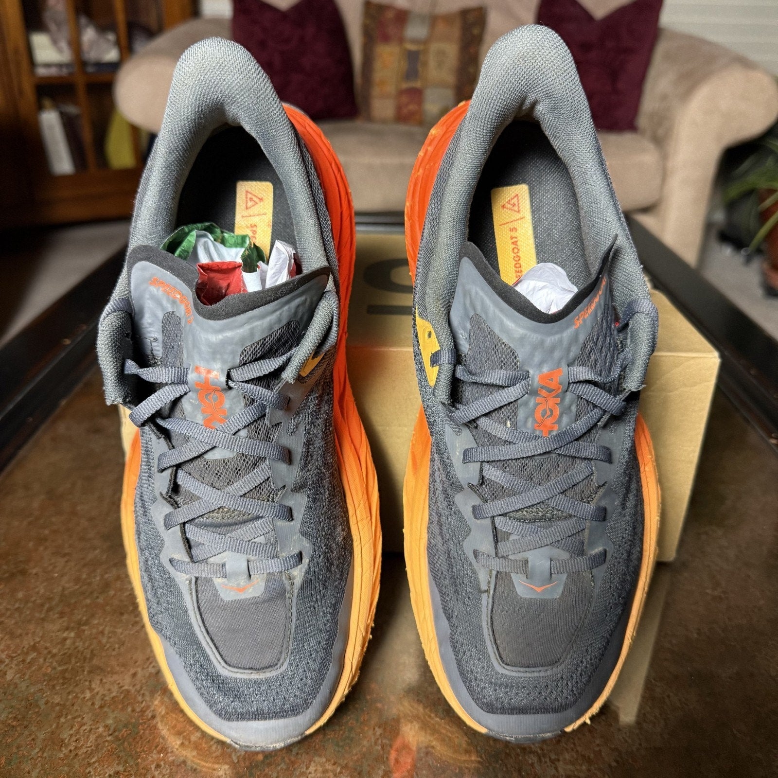 Hoka One One Speedgoat 5 Shoes Mens 10 2E Wide Grey Orange Trail Running Sneaker